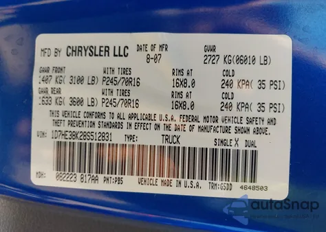 2008 Dodge Dakota Sxt/Bighorn/Lonestar from USA, damaged, VIN 1D7HE38K28S512831